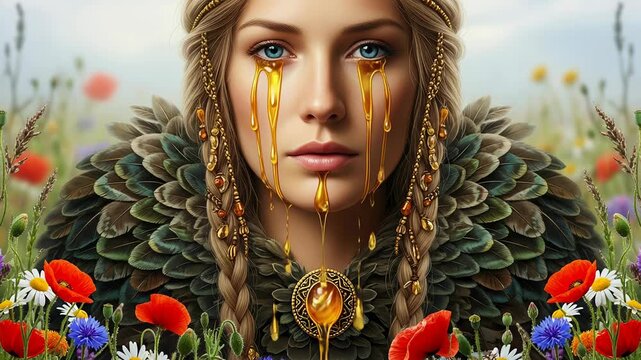Freyja weeping golden and amber tears over vibrant wildflowers in serene meadow