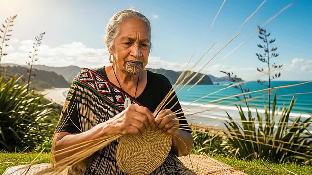 Elderly Maori woman weaving flax kete by the ocean with traditional moko kauae tattoo in clear daylight