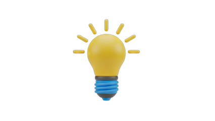 Bright Yellow Light Bulb with Blue Base Emitting Light Rays on a Transparent Black Background Simple Icon Representing an Idea or Innovation