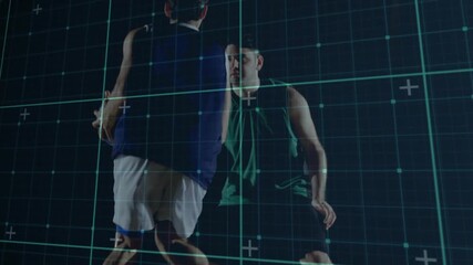 Blue-jerseyed player starting dribble and driving to rim, trying to score, sports grid tracking - Powered by Adobe