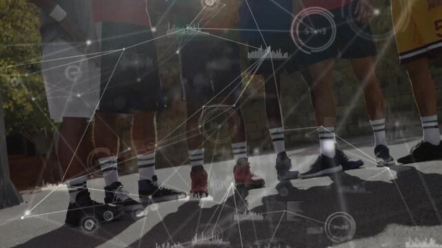 Male team standing holding ball as camera pulling up starting sports HUD overlay blending for play