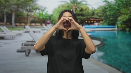 Fototapeta premium Young hispanic woman making a heart with hands by a resort pool on a wooden deck at building, palms and open mouth visible; love joy warmth.
