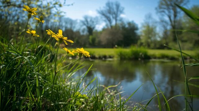 Close-up of yellow wildflowers by a pond in spring sunlight