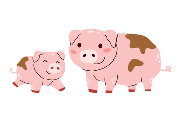 Cute cartoon pig vector illustration with baby piglet and mud spots. Perfect for kids' books, farm animal designs, or children's graphic projects.