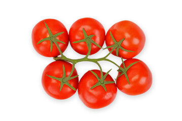 Top view of red fresh tomatoes with green leaves isolated on a transparent background
