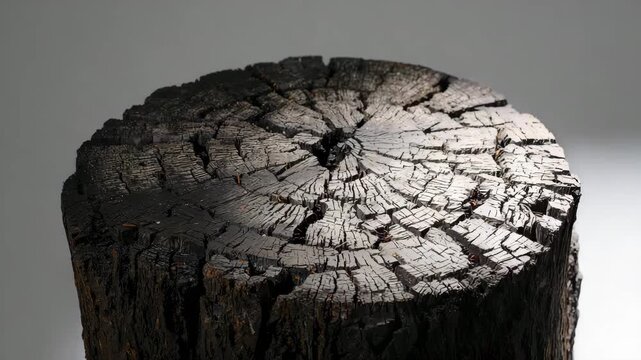 Charred tree stump close-up revealed by sweeping studio light