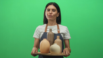Woman potter holding ceramic vases on a wooden tray with hands visible in a studio green screen setting; craft pride calm.