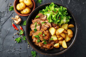 stewed meat with potatoes and cabbage, top view