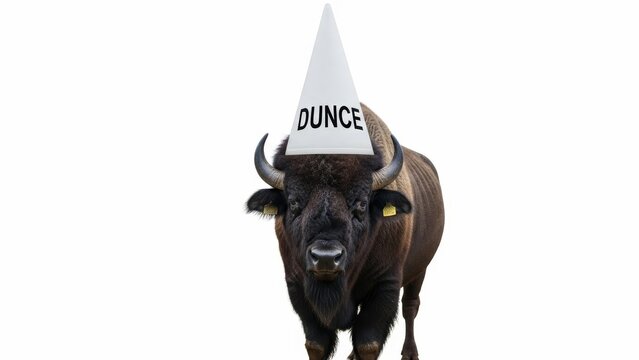 buffalo wearing a dunce cap hat, dim, dumb, stupid, on a white background, animal photo
