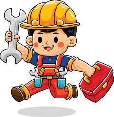 Fototapeta premium Man Cartoon Mechanic Worker with Paint Roller