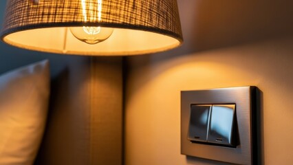 Illuminating Tranquility: A warm, inviting ambiance is created by a softly glowing lampshade, with the modern light switch and cushion hinting at comfort and design.