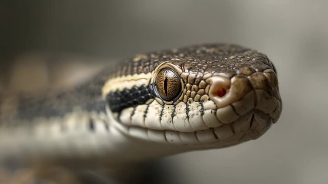 Close-up of snake head and eye slowly turning in soft natural light
