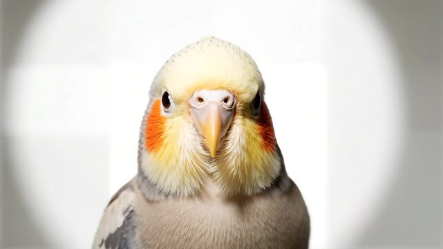 Close-up cockatiel looking at camera on white studio background