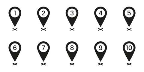 Black Numbered Location Pin Solid Icon Set. Sequential Map Marker Silhouette Symbol Collection. Navigation, Geolocation, And Wayfinding Design Elements. Isolated Vector Illustration