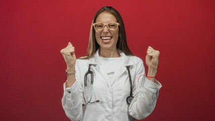 Woman doctor wearing white lab coat with stethoscope, fists raised in celebration, smiling broadly...