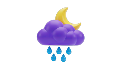 3D Purple Cloud Raining with Yellow Crescent Moon on Transparent Background Weather Icon and Symbol