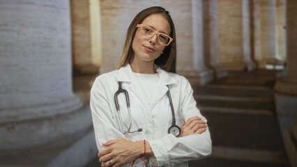 Woman in white coat and glasses with stethoscope, arms crossed showing hands and red bracelet on...