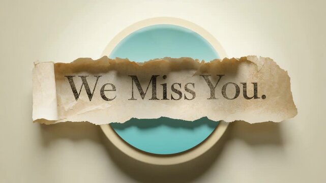 Torn paper reveal showing We Miss You message over teal badge for customer reengagement