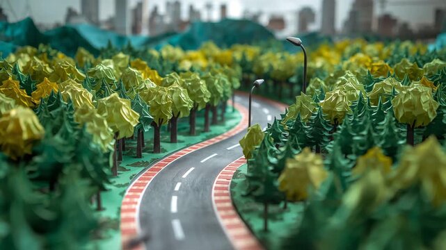 Tracking shot of a winding miniature road through handcrafted paper forest toward city skyline