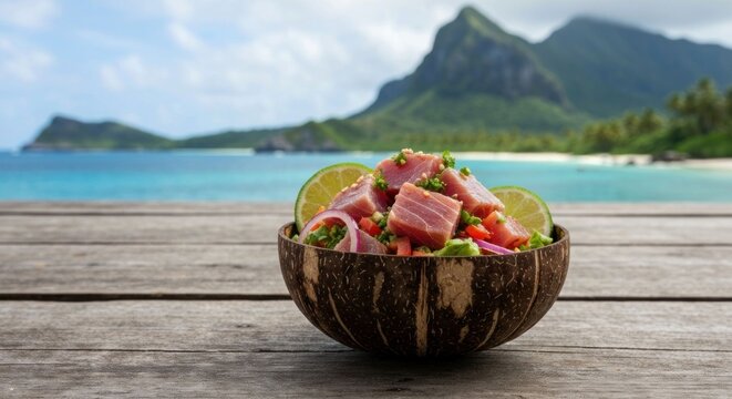 Fresh tuna poke in a coconut bowl on a wood table, ocean vista backdrop