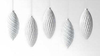 Five white minimalist christmas ornaments with spiral and textured patterns hanging
