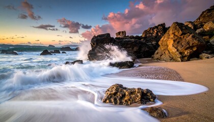 A coastal scene showcases waves crashing against large rocks on a sandy shore at sunset. The sky is filled with pink and orange clouds