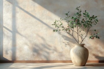 A 3D-rendered room with a stucco wall and a vase containing a plant serves as interior background in stock photo