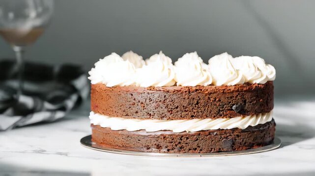 Chocolate layer cake decorated with piped buttercream on marble countertop