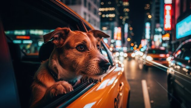 Loyal dog car city exploration, looking out from yellow taxi window at vibrant urban nightscape. Curious dog car city adventure, taking in illuminated buildings and busy traffic on bustling street. - Powered by Adobe