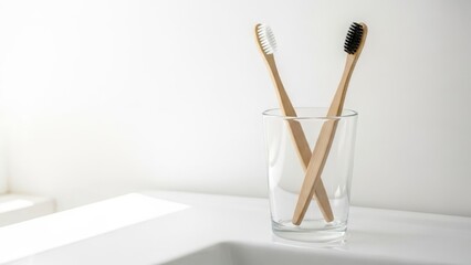 Bamboo Toothbrushes: The modern aesthetic of natural self-care with eco-friendly bamboo toothbrushes in a minimalist setting. capturing the clean and fresh essential product