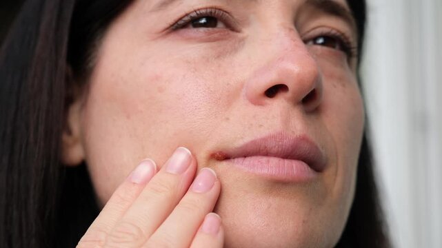 Close-up of a woman looking distressed as she gently touches a painful cold sore on her lip, showcasing the discomfort and skin inflammation caused by the herpes simplex virus infection