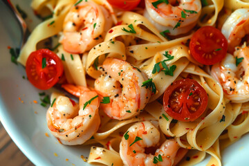 fettuccine pasta with shrimp tomatoes and herbs, selective focus