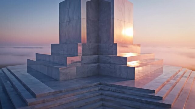 A monumental stone stair-step structure rises over misty terraces at sunset; serene, ethereal, vast