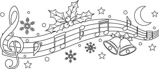 Festive Christmas music notes with festive decorations elements snowflakes. Winter holiday dividers.