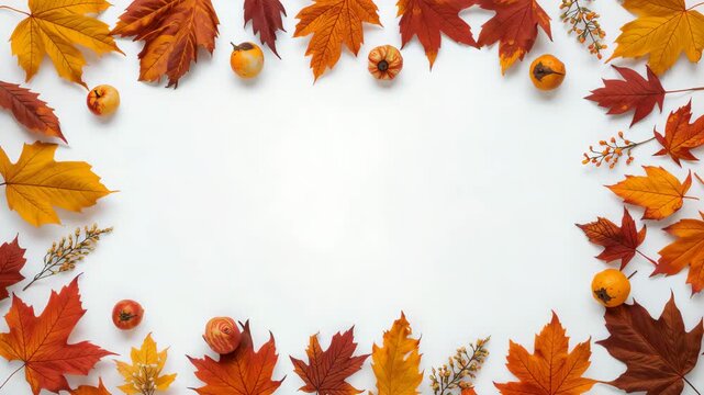 Autumn leaves and gourds flat lay border with copy space