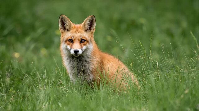 Red fox sitting in grassy meadow staring at camera