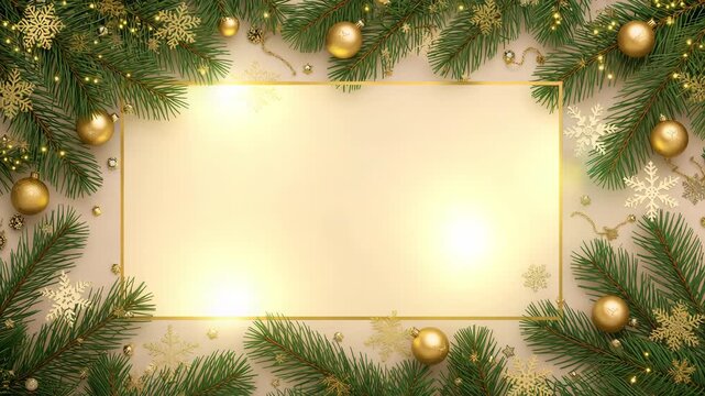 Elegant Christmas pine border with gold ornaments and glowing lights with copy space