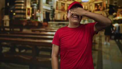 Young man with hand covering eyes inside church building wearing red cap and shirt; playful shyness.