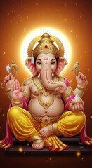 Ganesha Idol spiritual background. Orange Aura Decorative Glow 4K Wallpaper.