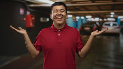 Fototapeta premium Man in red polo smiling and shrugging with palms up in parking building near cars and concrete columns; playful curiosity.