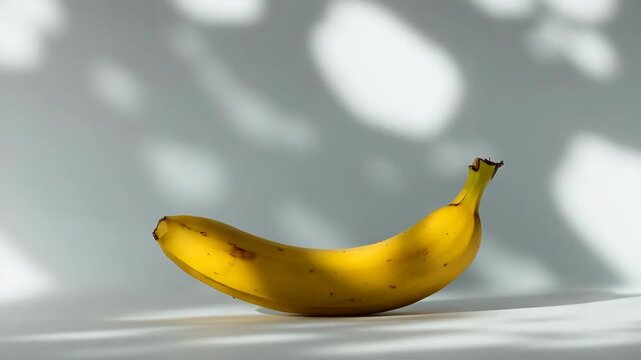 Banana on tabletop with shifting sunlight and soft shadow play