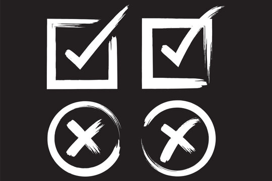 Check tick mark icon set, hand drawn doodle red cross box x check mark green checkbox v, sketch marker checklist symbol right and wrong set - stock vector