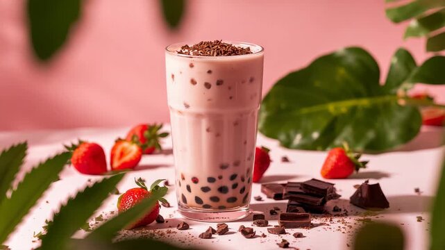 Close-up of strawberry bubble tea with chocolate and tapioca pearls on pink background