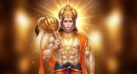 Divine Hanuman Idol. Warm Radiance Light Particles 4K Wallpaper.