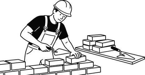 Bricklaying, construction worker, masonry, black silhouette, building wall, trowel, cement, hard hat, manual labor, vector illustration