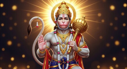 Divine Hanuman Idol. Warm Radiance Light Particles 4K Wallpaper.