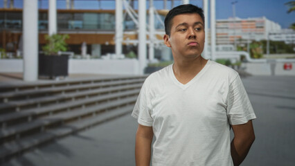 Fototapeta premium Young hispanic man in white t shirt standing with hands behind back by building steps and columns, looking to side; quiet contemplation.