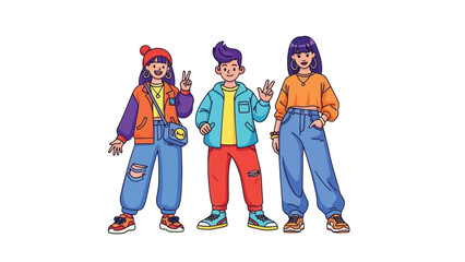 Three young friends in trendy streetwear posing with peace signs