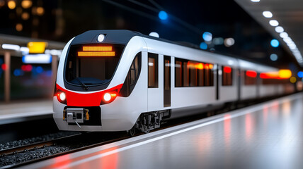 Modern train, white and red, at night station, futuristic, illuminated, sleek design
