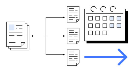 Stack of papers branching into individual documents connected to a calendar and blue arrow. Ideal for project management, scheduling, document processing, work automation, organization, planning